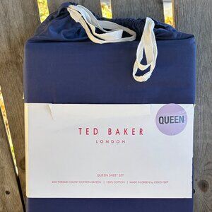 4-pc Ted Baker London QUEEN Size Cotton Sheet Set 400 Thread Count (Navy Blue)